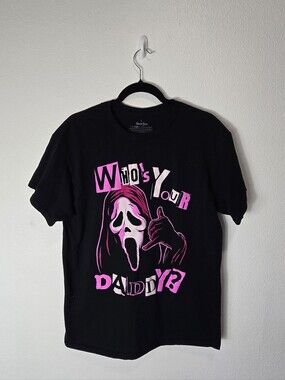 Ghost Face Black Graphic Tee with Pink Accents - Large